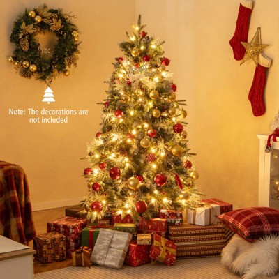 Costway 5/6/7 FT Artificial Christmas Tree with 602/806/1072 Branch Tips, 190/270/350 Warm White LED Lights