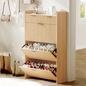Narrow Shoe Storage Cabinet with 3 Flip Drawers, Farmhouse Fluted Shoe Organizer with 2 Drawers, Freestanding Wooden Shoe Rack Cabinet Hidden - 1 of 4