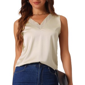 cheibear Women's V Neck Silky Satin Mesh Sleeveless Summer Basic Tank - 1 of 4