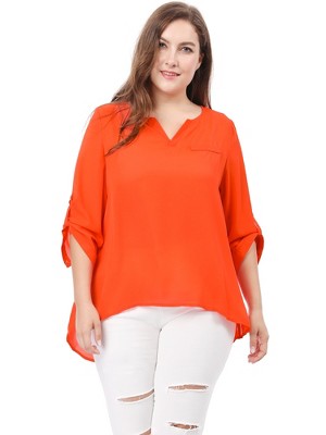 Agnes Orinda Women's Plus Size Sheer 3/4 Sleeve Flowy Split V Neck Blouses