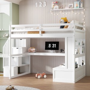 Whisen Full Size Loft Bed with Desk and Shelves, Two Built-in Drawers, Storage Staircase - 1 of 4