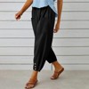 Womens Cotton Blend Linen Pants with Side Pockets Summer Slacks Drawstring Elastic Wasit Pants Ankle Length Button Detail Cuff Lounge Pants - 4 of 4