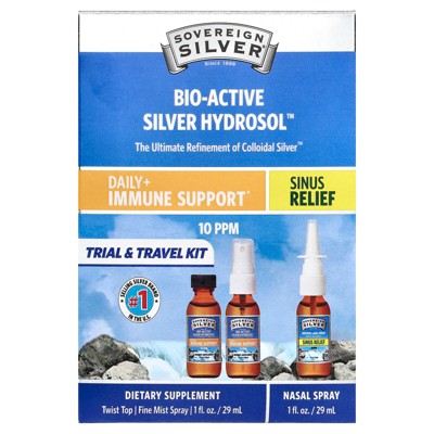 Sovereign Silver Bio-Active Silver Hydrosol™, Daily + Immune Support, Sinus Relief, Trial & Travel Kit, 3 Piece Kit, 1 fl oz (29 ml) Each