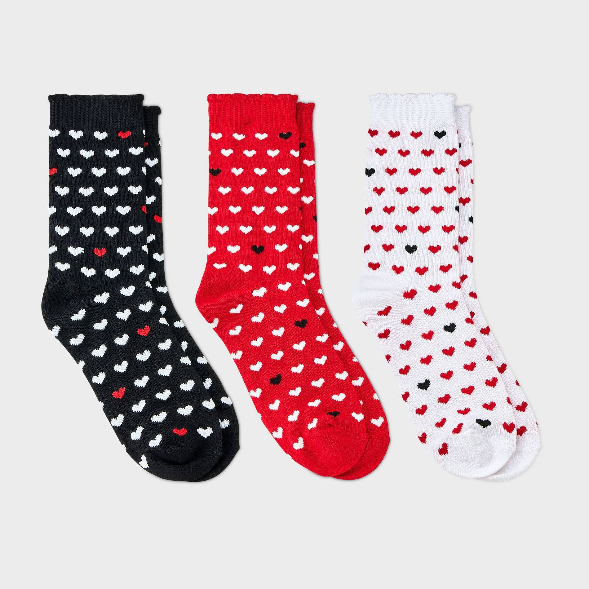 Women's Mini Hearts Scallop Cuff Valentine's Day 3pk Crew Socks - Red/White/Black 4-10