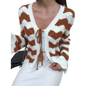 Coolmee Women's Cardigan Chunky Fashion Open Front Striped Color Block Cable Knit Sweater Coats - 1 of 4