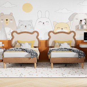 VECELO Twin Size Brown Kid Bed Frame Set of 2, Bear-Shaped Wooden Upholstered Platform Bed Frame with Adjustable Headboard, No Box Spring Needed - 1 of 4
