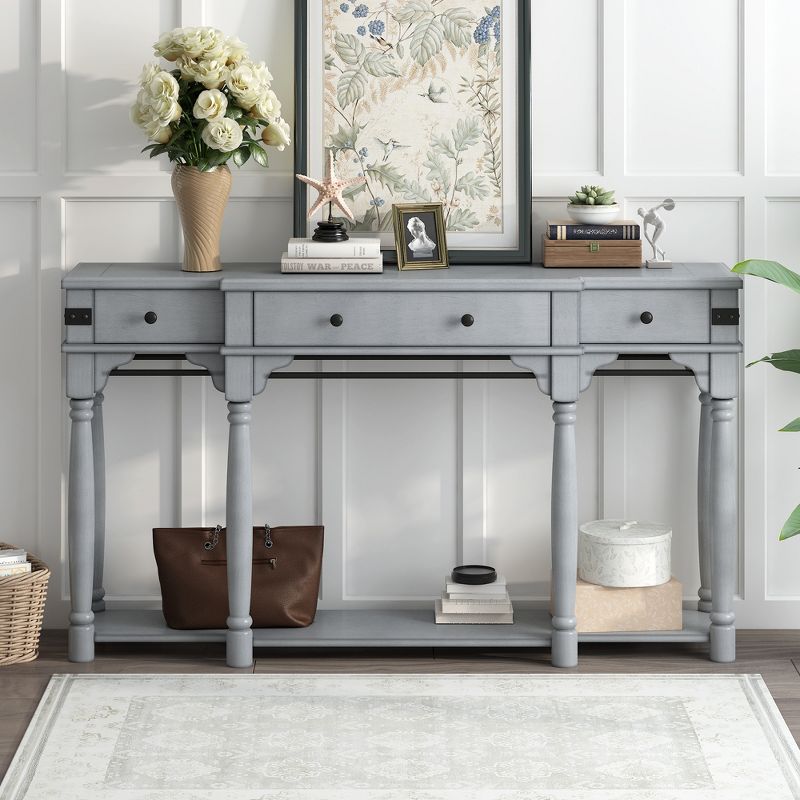 Vintage Style 60" Console Table with Storage Drawers and Bottom Shelf - ModernLuxe, 2 of 9