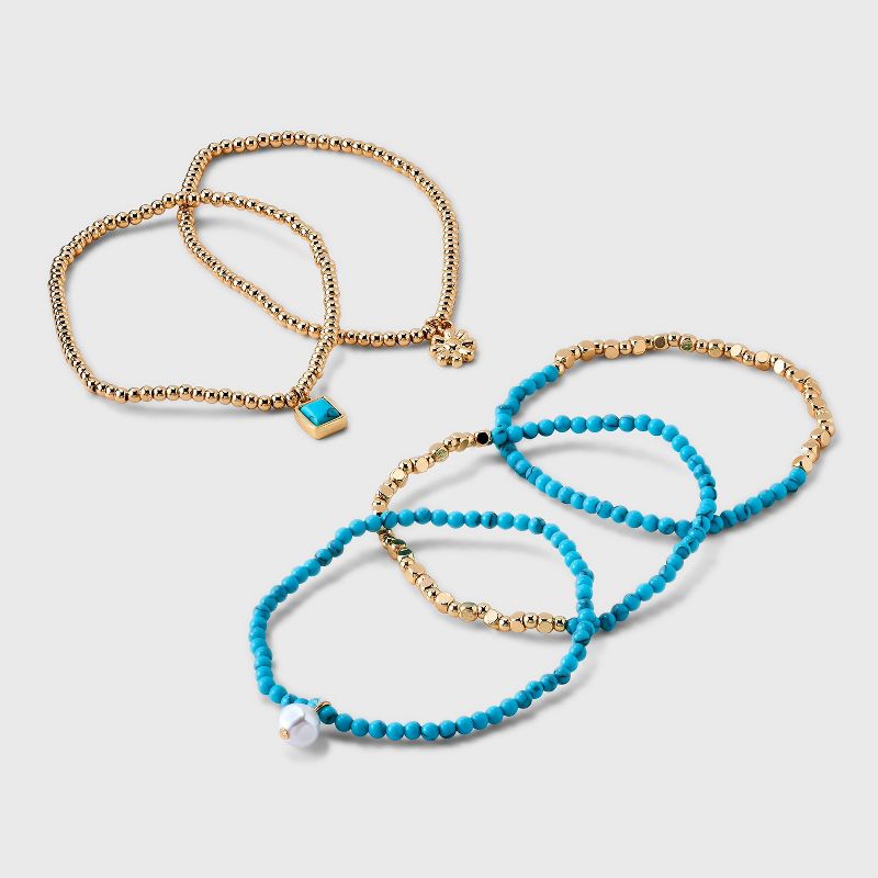 Beaded Stretch Charm Bracelet Set w Semi Precious Turquoise Set 5pc - Universal Thread&#8482; Gold/Turquoise, 1 of 8