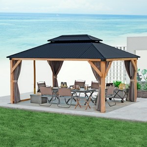 Permanent Hardtop Wood Gazebo with Double Metal Roof & Heavy-Duty Timber Frame for All-Weather Protection in Patio & Garden - 1 of 4