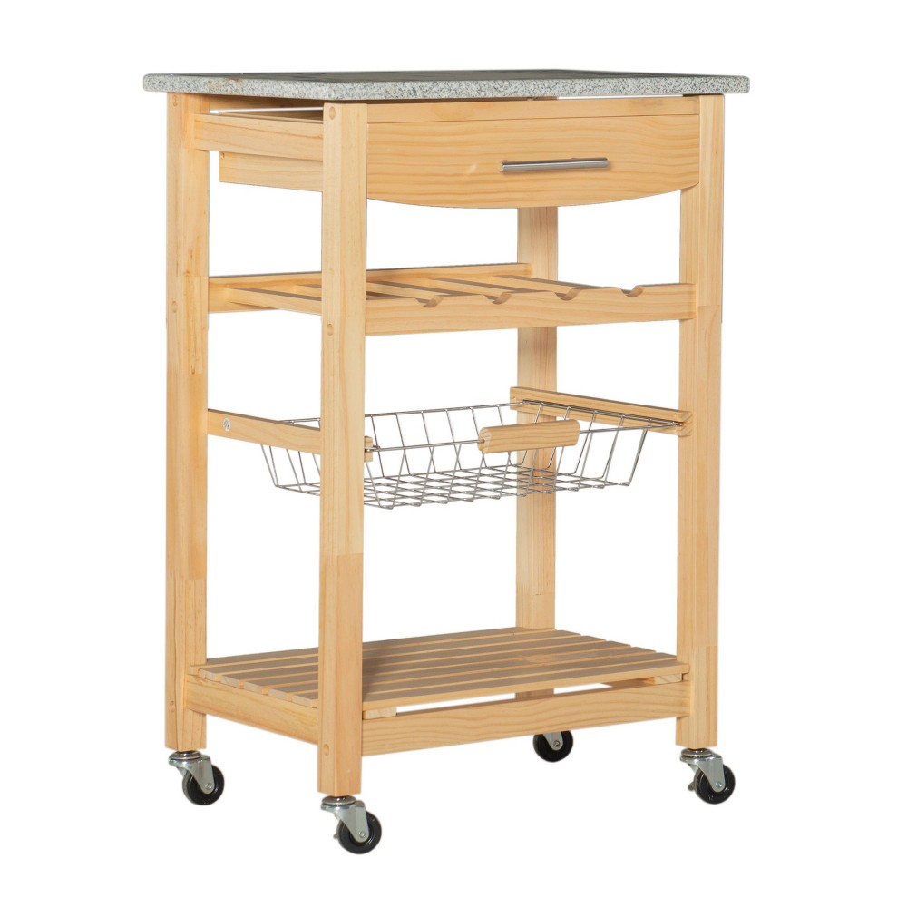 Natural Wood Movable Kitchen Cart Granite Top Drawer Basket Wine Bottle Rack Locking Wheels - Linon