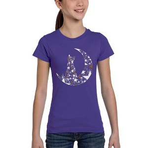 LA Pop Art Cat Sitting On Moon - Girl's Word Art T-Shirt - 1 of 4