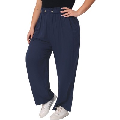 Agnes Orinda Women's Plus Size Stretchy High Waisted with Pocket Wide Leg  Palazzo Pants Navy Blue 1X