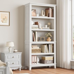 71" Farmhouse Bookcase w/Adjustable Shelves & 31.5" Width, 5 Tier Tall Bookshelf with Wooden Legs, Rustic Vintage Book Shelf for Home Office White - 1 of 4