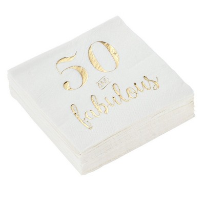 Blue Panda 50-Pack Disposable Paper Napkins Party Supplies, 50 and Fabulous Gold Foil Print, Folded 5x5"