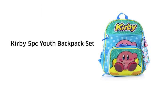 Kirby 5-Piece Set: 16" Backpack, Lunchbox, Utility Case, Rubber Keychain, and Carabiner, 2 of 8, play video