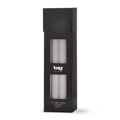 TAG Color Studio 12" Straight Taper Unscented Smokeless Paraffin Wax Candle White, Burn Time 12 hrs. Set 12