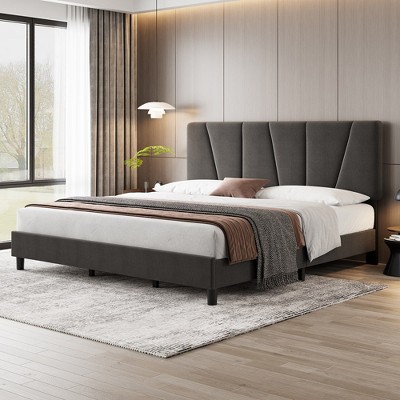 Whizmax Four Size Bed Frame with Adjustable Headboard, Linen Upholstered Platform Bed Frame with Strong Wooden Slats, No Box Spring Needed, Gray