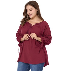 Agnes Orinda Women's Plus Size Tie Tassel V Neck Hollow Bowknot Long Sleeve Casual Blouses - 1 of 4