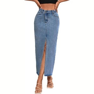 Women's High Waist Maxi Denim Skirt - A-Line Stretch Long Skirt with Front Split & Raw Hem 9009mid Blue - 1 of 4