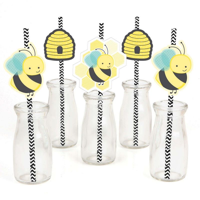 Big Dot of Happiness Honey Bee Paper Straw Decor - Baby Shower or Birthday Party Striped Decorative Straws - Set of 24, 1 of 8
