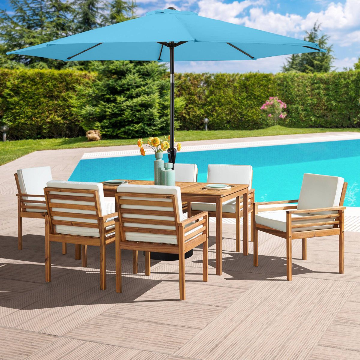Alaterre Furniture 8pc Outdoor Patio Dining Set, Okemo Table with 10' Auto Tilt Umbrella Blue - thumbnail 2