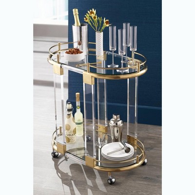 Adaline Clear Acrylic and Gold Oval Bar Cart with Storage