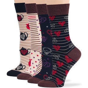 Women Viscose Bamboo Patterned Dress Socks - 4 Pack L/M Black, Brown, Blue, Beige - Bird, Mushroom, Heart | 7BIGSTARS KINGDOM - 1 of 4
