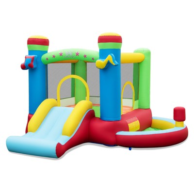 Tangkula Inflatable Bounce House Jumping Bouncy Castle w/ Slide Ball Pit Punching Bag Basketball Hoop Carrying Bag Music Theme without Blower
