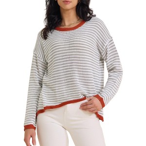 INSPIRE CHIC Women Striped Long Sleeve Drop Shoulder Curved Hem Pullover Top Sweater - 1 of 4