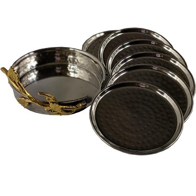 Elegant Stainless Steel and Gold Vine Coaster Set with Holder
