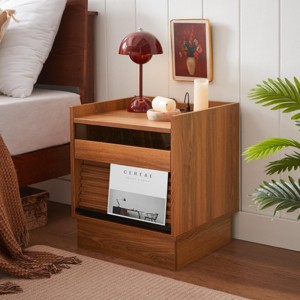 INFURNIC Nightstands Mid Century Modern Nightstand with 2 Drawers and Storage Shelf for Bedroom or Living Room, Yellow, 17"*15.75"*19.2" - 1 of 4