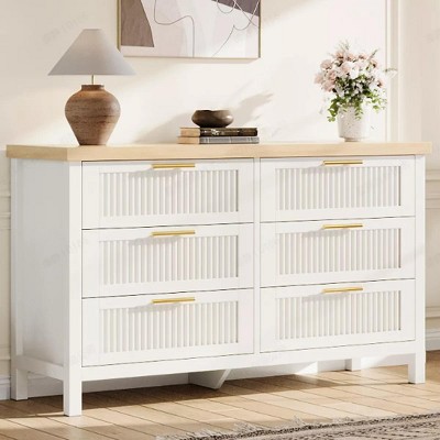 Fluted 6 Drawer Dresser for Bedroom Rattan Chest of Dressers Tall Dresser for Closet with Drawers Boho Night Stand
