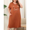 Agnes Orinda Women's Plus Size Soft Knit Cute Cat Print Short Sleeve Split Hem Pockets Midi Sleep Shirts Nightgowns - 2 of 4