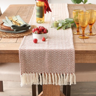 Cinnamon and Off-White Cotton Chevron Table Runner with Fringe