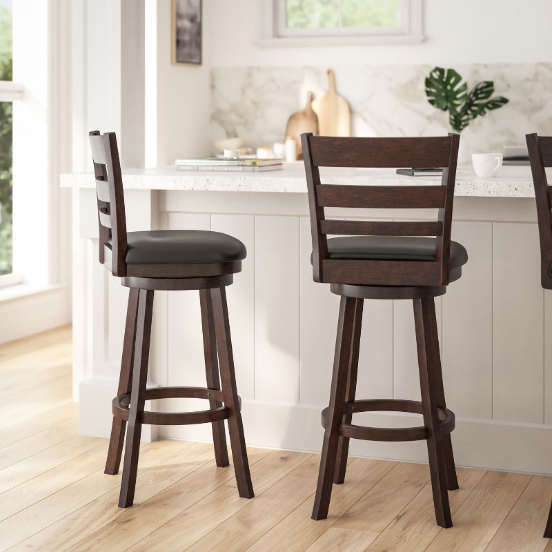 Merrick Lane 30" Classic Wooden Ladderback Swivel Bar Height Stool with Upholstered Padded Seat and Integrated Footrest, 5 of 13