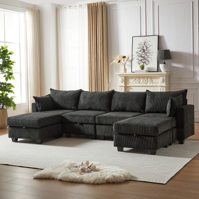 113.5'' Modular Corduroy Sectional Sofa,U Shaped Convertible Couch with Storage Ottoman and Chaise,6-Seater for Living Room-Baofuwish