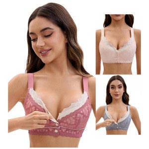 INSPIRE CHIC Front Closure for Women's Lace Full Coverage V Neck Wirefree Adjustable Straps Bras 3 Packs - 1 of 4