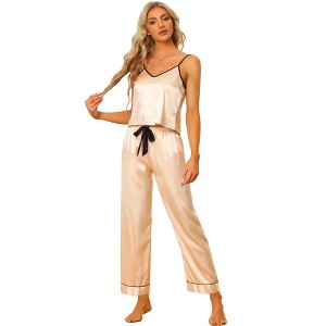 cheibear Women's Satin Silky Summer Camisole and Pants Sleepwear Pajama Sets - 1 of 4