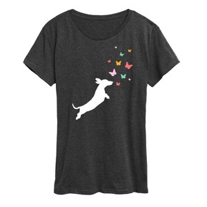 Women's - Instant Message - Dachshund Chasing Butterflies Short Sleeve Graphic T-Shirt - 1 of 4