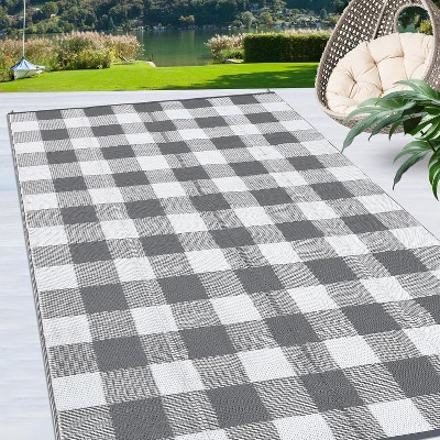 Waterproof Outdoor Rug Uv Resistant Plastic Straw Rug Modern Checkerboard Reversible Plaid Camping Carpet Picnic Mat for Beach, Backyard