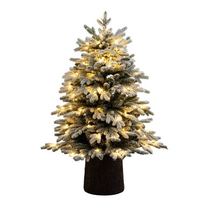 Nearly Natural 4' Pre-Lit Artificial Flocked Christmas Tree in Decorative Trunk Planter