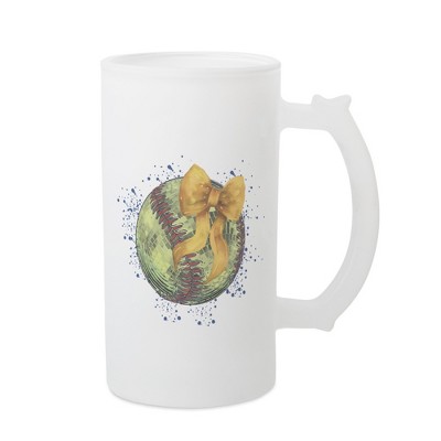 Elanze Designs Freezable Beer Stein Mug With Thumb Grip Handle, 16 Ounce Frosted Glass, Softball With Gold Bow