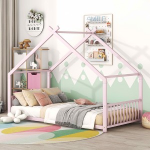 MAYEERTY Twin Size Metal House Bed, Kids Bedroom, Pink - 1 of 4