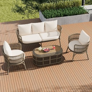 4-Piece PE Rattan Patio Seating Set with Acacia Wood Table Top, Outdoor Patio Conversation Set - Maison Boucle - 1 of 4