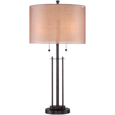 Franklin Iron Works Modern Bronze Metal Base Rose Gold Soft Tan Linen Fabric Double Drum Shade for Living Room Family Bedroom