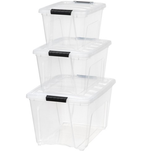 Iris 32 qt Plastic Storage Bins, Stackable Storage Container with Secure Latching Buckles and Black Lid, Clear