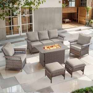 Belord 6-Piece Patio Furniture Set with 50,000 BTU Fire Pit Table, Outdoor Couch, Chairs, and Ottomans for Backyard or Deck - 1 of 4