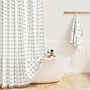 Boho Farmhouse Shower Curtain - 72x72 White & Black Linen, Water Repellent Heavy Duty Fabric with Tassel - 1 of 4