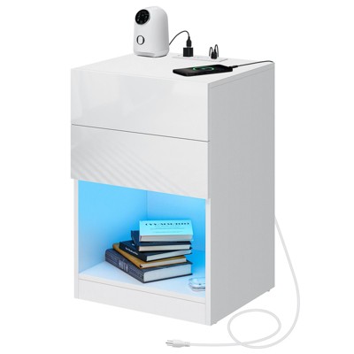 Hommpa Modern Open Shelf LED Nightstand with 2 Drawers & Table Charging Station