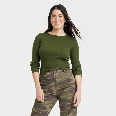 Women\'s Long Sleeve Shrunken Rib T-shirt - Universal Thread™ Dark Olive  Green Xl : Target